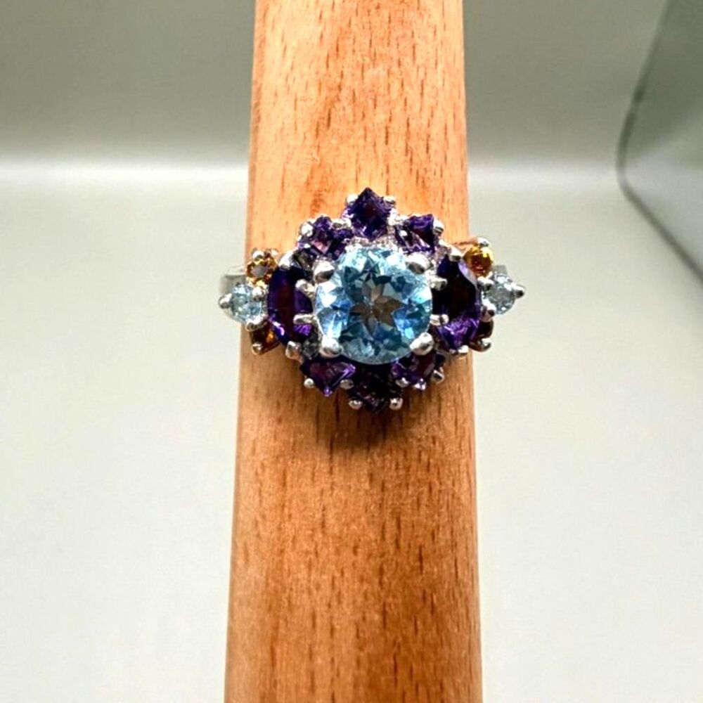 925 Sterling Silver Blue Topaz Amethyst Citrine Cluster Ring Size 7.75